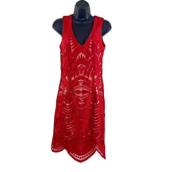 Bardot Lipstick Red Mesh Lace Embroidered Sheath Dress Sz 4/XS - Picture 3 of 14